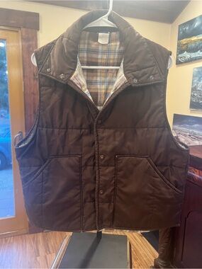 Vintage Nelson Quilted Brown Snap-Front Vest with Plaid Lining